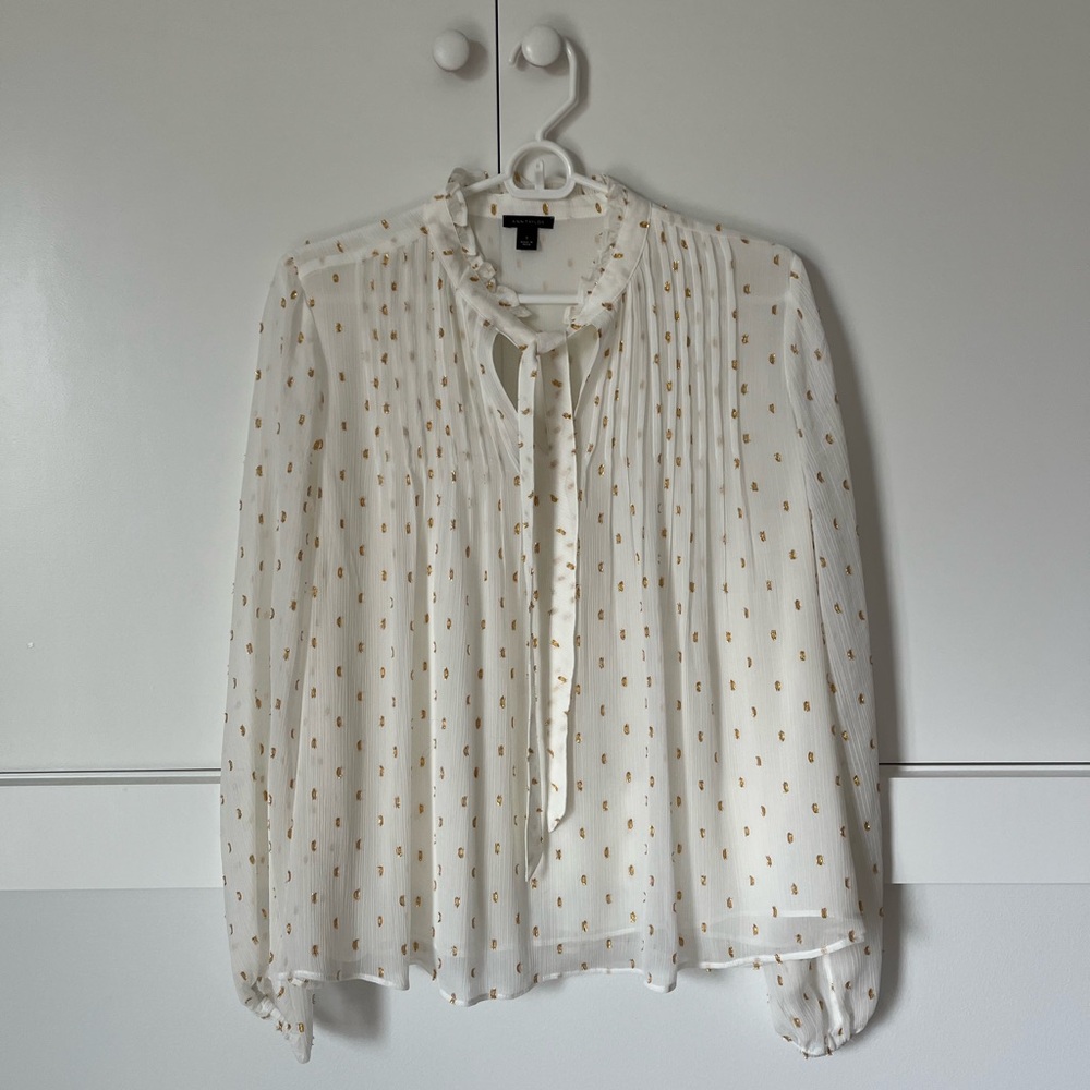 Ann Taylor Cream Chiffon Tie-Neck Blouse with Gold Dot Print